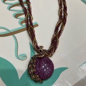 NWOT Purple and Gold Tone Round Adorned With Peacock Pendant Necklace